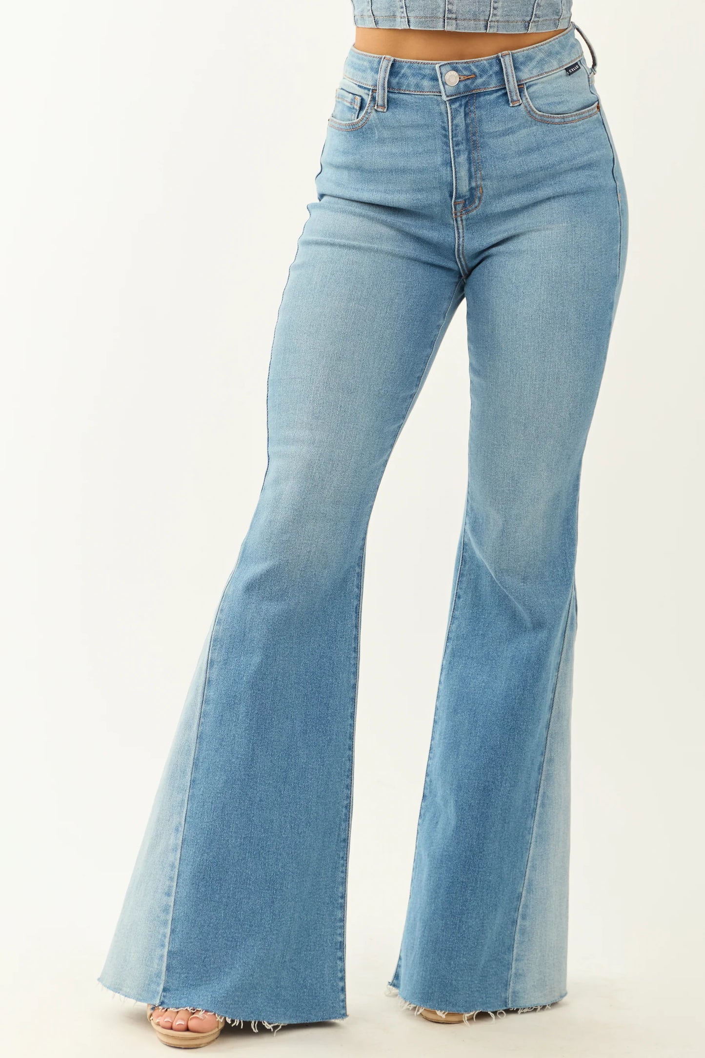 Medium Wash Side Hem Panel Stretchy Flare Jeans