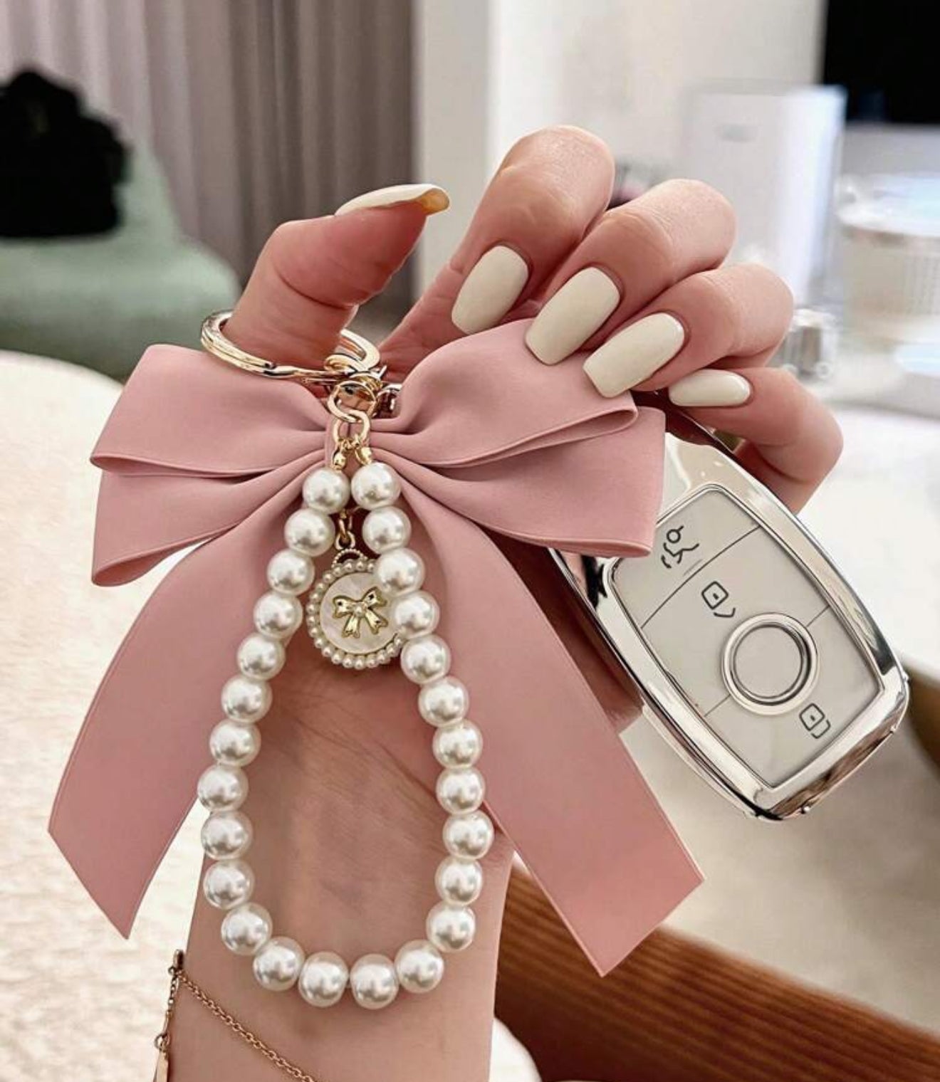 Pink Bow + Pearl Key Chain