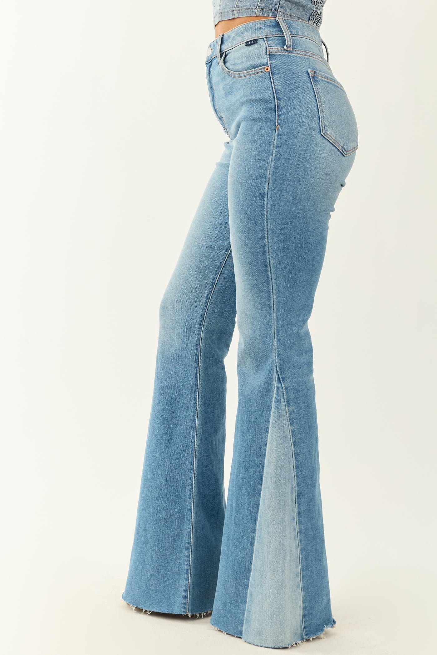 Medium Wash Side Hem Panel Stretchy Flare Jeans
